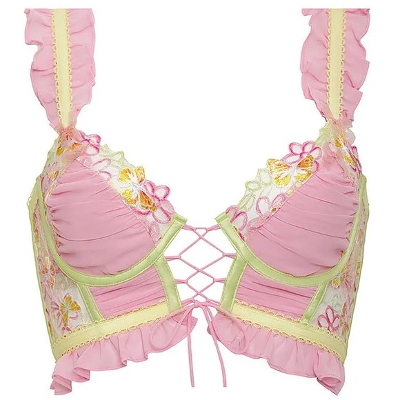NWT For Love & Lemons S Sunset Butterfly Ruffle Bustier Top Embroidery Bows Neon - Picture 4 of 4